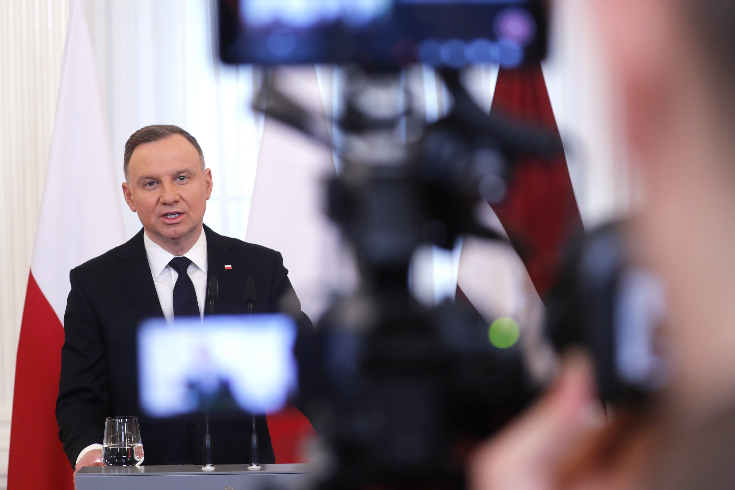 epa10442482 Polish President Andrzej Duda attends the press conference after his meeting with Latvian president in Riga, Latvia, 01 February 2023. President Duda is on a three-day official visit to Latvia. Presidents of Poland and Latvia discuss how to provide Ukraine support that it needs, security and energy in Europe, and other priorities.  EPA/TOMS KALNINS