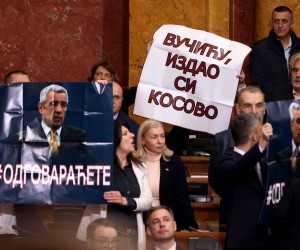 epa10443948 Members of the Serbian Parliament hold up a banner reading 'Vucic, you betrayed Kosovo' during a special session in Belgrade, Serbia, 02 February 2023. Serbia's Parliament convened for a special session so its members could be informed by the president and government officials on the ongoing negotiating process between Belgrade and Pristina.  EPA/ANDREJ CUKIC