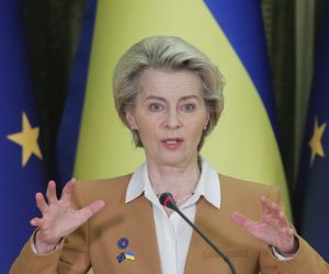 epa10444172 European Commission President Ursula von der Leyen addresses a joint press conference with following their with Ukrainian President Zelensky meeting in Kyiv, Ukraine, 02 February 2023. Von der Leyen and Commissioners arrived in Kyiv to meet with Ukrainian top officials a day before attending a EU-Ukraine summit meeting on 03 January, the first EU-Ukraine summit since since the European Council granted Ukraine the status of candidate country amid the Russian invasion.  EPA/SERGEY DOLZHENKO