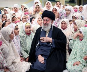 epa10446437 A handout photo made available by the Iranian supreme leader office shows Iranian supreme leader Ayatollah Ali Khamenei praying with little Iranian girls during a ceremony called 'Angels celebration' in Tehran, Iran, 03 February 2023 (issued on 04 February 2023).  EPA/KHAMENEI OFFICE HANDOUT  HANDOUT EDITORIAL USE ONLY/NO SALES