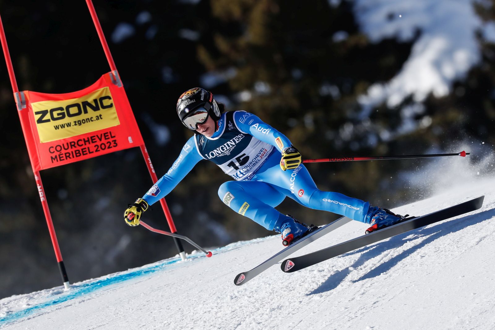 epa10450556 Federica Brignone of Italy in action during the Super G portion of the Women's Alpine Combined event at the FIS Alpine Skiing World Championships in Meribel, France, 06 February 2023.  EPA/GUILLAUME HORCAJUELO