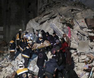 epa10450683 Rescuers search the rubble of a building for survivors following an earthquake in Idlib province, Syria 06 February 2023. According to the US Geological Service, an earthquake with a preliminary magnitude of 7.8 struck southern Turkey close to the Syrian border, causing buildings to collapse and sending shockwaves over northwest Syria, Cyprus, and Lebanon. At least 221 people were killed and 419 injured in northwest Syria, with hundreds remaining trapped under the rubble, according to the White Helmets group, the Syria Civil Defence operating in the area.  EPA/YAHYA NEMAH