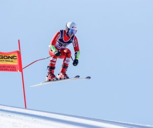 epa10452546 Tvrtko Ljutic of Croatia in action during the Super G portion of the Men's Alpine Combined event at the FIS Alpine Skiing World Championships in Courchevel, France, 07 February 2023.  EPA/GUILLAUME HORCAJUELO