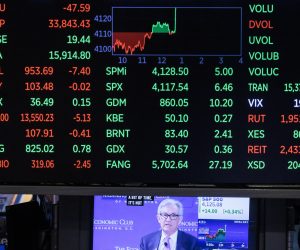epa10453245 A screen shows coverage of a speech by US Federal Reserve chair Jerome Powell about the state of the US economy on the floor of the New York Stock Exchange in New York, New York, USA, on 07 February 2023.  EPA/JUSTIN LANE