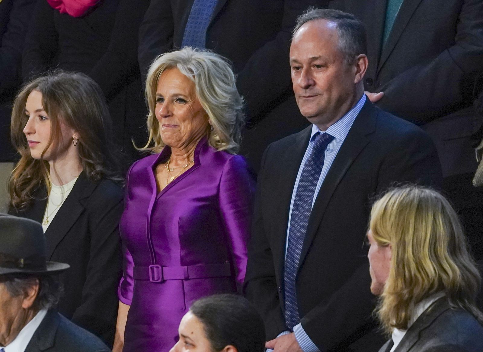 epa10453750 First Lady Jill Biden (2-R) and Second Gentleman Douglas Emhoff (R), with her guests in the First Lady’s Box, prior to US President Joe Biden’s State of the Union address before a joint session of Congress in the House chamber of the US Capitol in Washington, DC, USA 07 February 2023.  EPA/WILL OLIVER