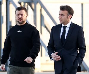 epa10456065 French President Emmanuel Macron (R) walks next to Ukraine's President Volodymyr Zelensky (L) before heading to Brussels, in Military Airport Villacoublay, in Velizy-Villacoublay, Southwest of Paris, France, 09 February 2023.
French President Macron and Ukrainian president Zelensky and travelling together to Brussels to take a part in a summit of European Union leaders.  EPA/Mohammed Badra / POOL