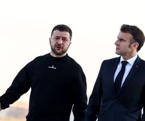 epa10456108 French President Emmanuel Macron (R) walks next to Ukraine's President Volodymyr Zelensky (L) before heading to Brussels, in Military Airport Villacoublay, in Velizy-Villacoublay, Southwest of Paris, France, 09 February 2023.
French President Macron and Ukrainian president Zelensky are travelling together to Brussels to take a part in a summit of European Union leaders.  EPA/Mohammed Badra / POOL