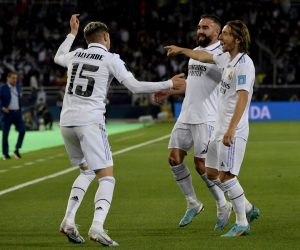 epa10461690 Real Madrid's Federico Valverde celebrates with Dani Carvajal and Luka Modric after scoring the 2-0 goal during the FIFA Club World Cup final between Real Madrid and Al Hilal SFC in Rabat, Morocco, 11 February 2023.  EPA/Jalal Morchidi