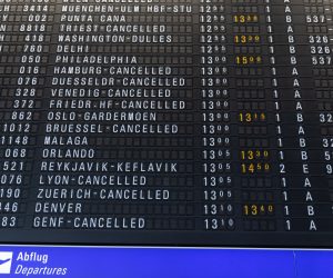 epa10468309 An Airport departure board shows cancelled flights of German airline Lufthansa at the Frankfurt airport in Frankfurt am Main, Germany, 15 February 2023.  According to Lufthansa on 15 February, all departures and landings in Frankfurt have been suspended and flights scheduled from Munich are also partially affected, due to a failure in a telecommunications line in the Frankfurt area which had a major impact on the company's IT  systems.  EPA/ANDRE PAIN