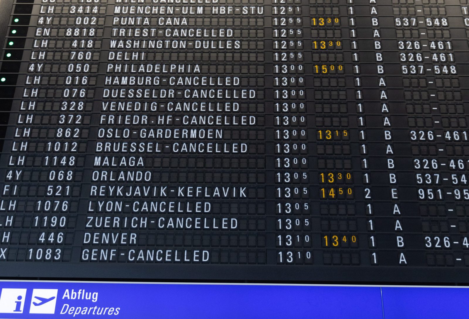 epa10468309 An Airport departure board shows cancelled flights of German airline Lufthansa at the Frankfurt airport in Frankfurt am Main, Germany, 15 February 2023.  According to Lufthansa on 15 February, all departures and landings in Frankfurt have been suspended and flights scheduled from Munich are also partially affected, due to a failure in a telecommunications line in the Frankfurt area which had a major impact on the company's IT  systems.  EPA/ANDRE PAIN