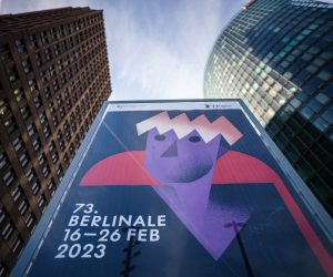 epa10468576 An advertising billboard for the upcoming 73rd Berlin International Film Festival 'Berlinale' in Berlin, Germany, 15 February 2023. The in-person event runs from 16 to 26 February 2023.  EPA/CLEMENS BILAN