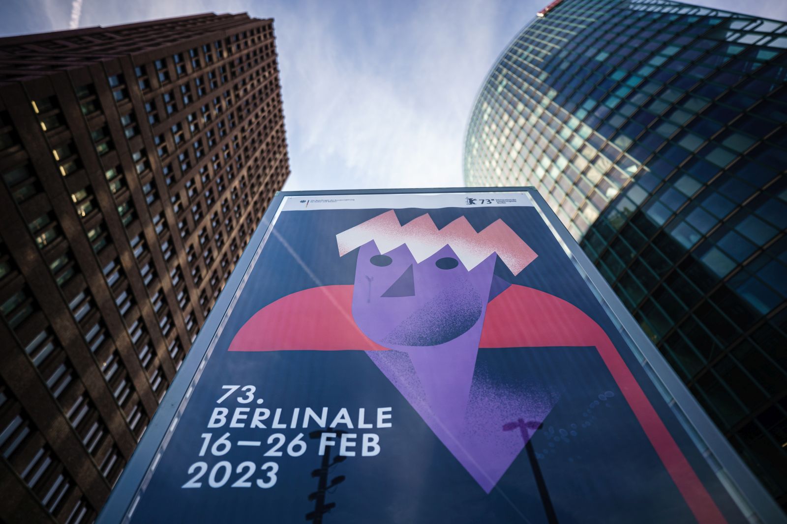 epa10468576 An advertising billboard for the upcoming 73rd Berlin International Film Festival 'Berlinale' in Berlin, Germany, 15 February 2023. The in-person event runs from 16 to 26 February 2023.  EPA/CLEMENS BILAN