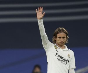 epa10469332 Real Madrid's Luka Modric reacts after scoring the 4-0 goal during the Spanish LaLiga soccer match between Real Madrid and Elche CF, in Madrid, Spain, 15 Ferbruary 2023.  EPA/JUANJO MARTIN