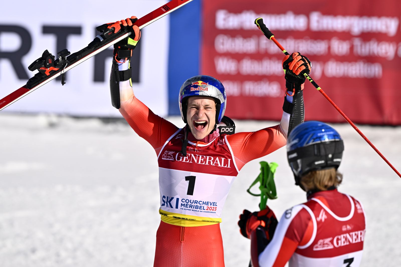 epa10472832 Marco Odermatt of Switzerland celebrates after winning the Men's Giant Slalom event at the FIS Alpine Skiing World Championships in Courchevel, France, 17 February 2023.  EPA/JEAN-CHRISTOPHE BOTT