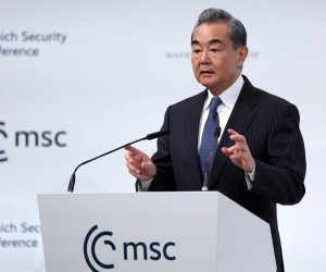epa10474472 Chinese foreign affairs Minister Wang Yi speaks during the 2023 Munich Security Conference (MSC) in Munich, Germany, 18 February 2023. The Munich Security Conference brings together defence leaders and stakeholders from around the world and is taking place February 17-19. Russia's ongoing war in Ukraine is dominating the agenda.  EPA/JOHANNES SIMON / POOL