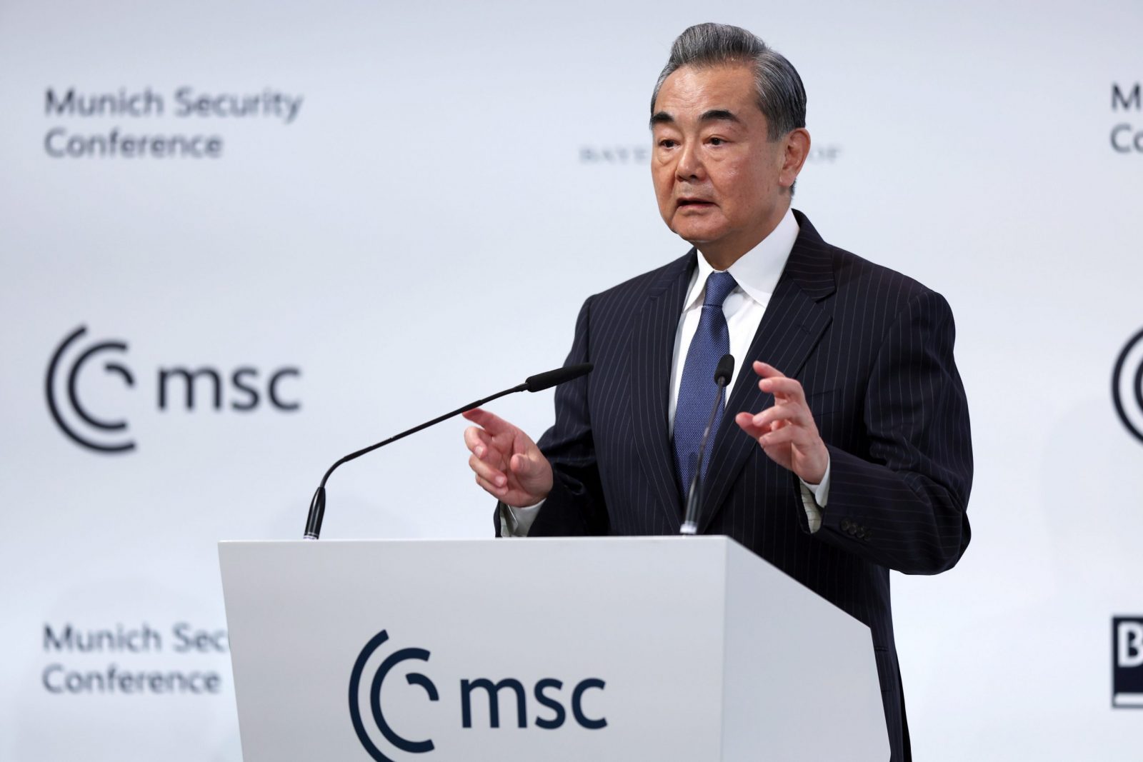 epa10474472 Chinese foreign affairs Minister Wang Yi speaks during the 2023 Munich Security Conference (MSC) in Munich, Germany, 18 February 2023. The Munich Security Conference brings together defence leaders and stakeholders from around the world and is taking place February 17-19. Russia's ongoing war in Ukraine is dominating the agenda.  EPA/JOHANNES SIMON / POOL