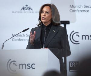 epa10474692 US Vice President Kamala Harris speaks during the 2023 Munich Security Conference (MSC) in Munich, Germany, 18 February 2023. The Munich Security Conference brings together defence leaders and stakeholders from around the world and is taking place February 17-19. Russia's ongoing war in Ukraine is dominating the agenda.  EPA/JOHANNES SIMON / POOL