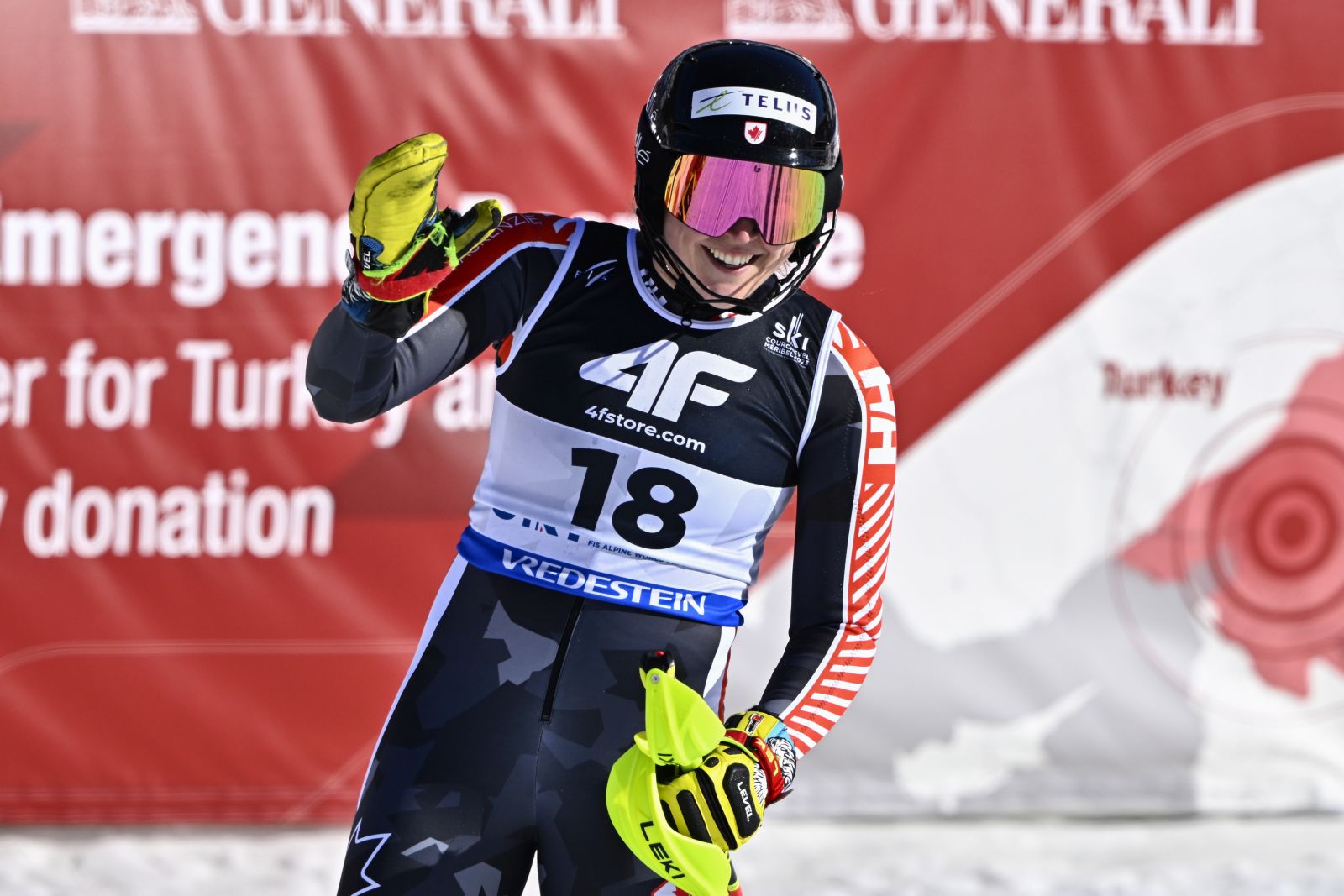 epa10474851 Laurence St-Germain of Canada reacts in the finish area during the second run of the women's slalom race at the FIS Alpine Skiing World Championships in Meribel, France, 18 February 2023.  EPA/JEAN-CHRISTOPHE BOTT