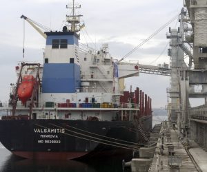 epa10474948 The bulk carrier VALSAMITIS is loaded with wheat at the Black Sea port of Chornomorsk near Odesa, Ukraine, 18 February 2023 amid the Russian invasion. VALSAMITIS will deliver 25,000 tons of Ukrainian wheat to Kenya and 5,000 tons to Ethiopia within the framework of the Grain from Ukraine initiative thanks to donations from Great Britain, Norway, Belgium, the Netherlands, Switzerland, Italy, Slovenia, and the Czech Republic. The Grain From Ukraine program was initiated by Ukraine President Volodymyr Zelensky and is implemented with the support of the UN World Food Program and developed countries of the world. More than 30 countries have already joined the program, and the amount of donations is almost 200 million USD. Totally 746 ships left the ports of Greater Odesa framework of the Grain from Ukraine program exporting 21.5 million tons of Ukrainian food to the countries of Asia, Europe, and Africa as the Ministry of Infrastructure of Ukraine informed.  EPA/IGOR TKACHENKO