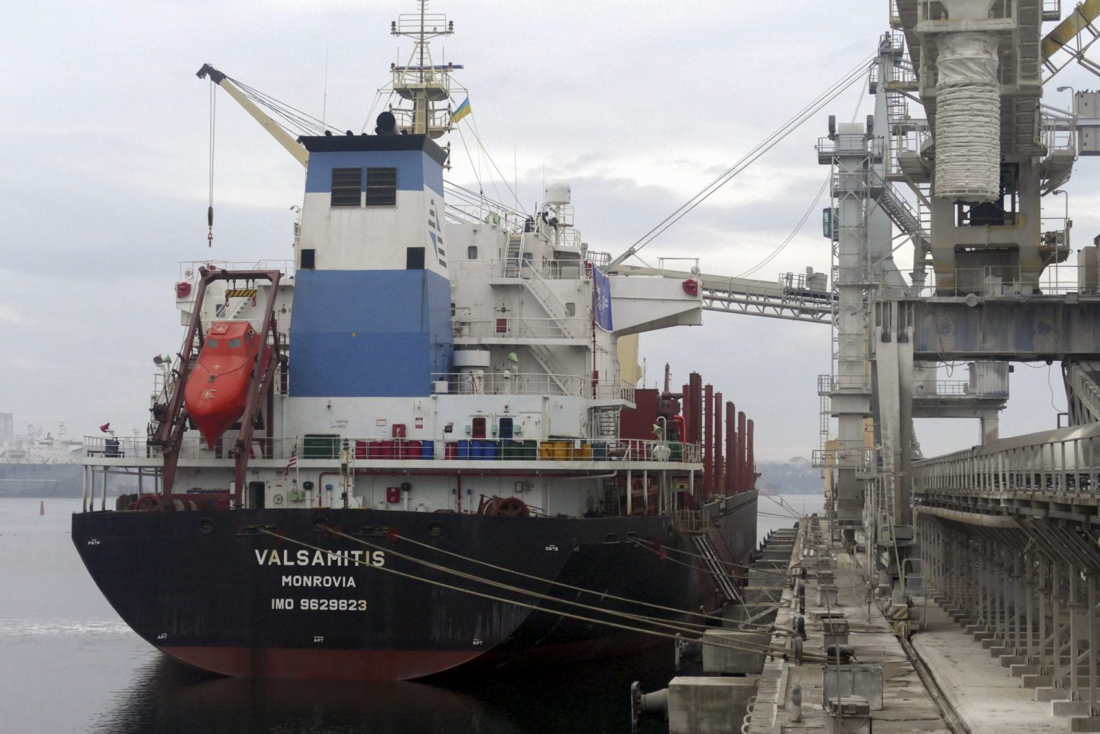 epa10474948 The bulk carrier VALSAMITIS is loaded with wheat at the Black Sea port of Chornomorsk near Odesa, Ukraine, 18 February 2023 amid the Russian invasion. VALSAMITIS will deliver 25,000 tons of Ukrainian wheat to Kenya and 5,000 tons to Ethiopia within the framework of the Grain from Ukraine initiative thanks to donations from Great Britain, Norway, Belgium, the Netherlands, Switzerland, Italy, Slovenia, and the Czech Republic. The Grain From Ukraine program was initiated by Ukraine President Volodymyr Zelensky and is implemented with the support of the UN World Food Program and developed countries of the world. More than 30 countries have already joined the program, and the amount of donations is almost 200 million USD. Totally 746 ships left the ports of Greater Odesa framework of the Grain from Ukraine program exporting 21.5 million tons of Ukrainian food to the countries of Asia, Europe, and Africa as the Ministry of Infrastructure of Ukraine informed.  EPA/IGOR TKACHENKO