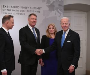 epa10483626 (L-R) Poland's President Andrzej Duda, Romania's Klaus Iohannis, Slovakia's Zuzana Caputova United States' Joe Biden pose for a photo ahead of the Bucharest Nine summit, at the Presidential Palace in Warsaw, Poland, 22 February 2023. The Bucharest Nine, also known as the B9, is an alliance of nine countries on NATO's so-called eastern flank. The meeting is expected to focus on strengthening NATO's eastern flank and further support for Ukraine, among other issues.  EPA/MARCIN OBARA POLAND OUT