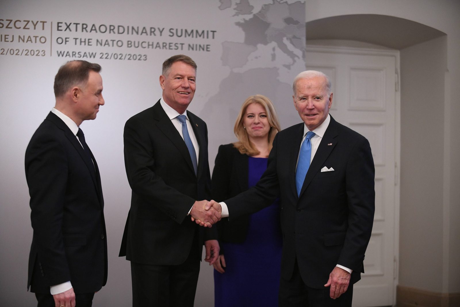epa10483626 (L-R) Poland's President Andrzej Duda, Romania's Klaus Iohannis, Slovakia's Zuzana Caputova United States' Joe Biden pose for a photo ahead of the Bucharest Nine summit, at the Presidential Palace in Warsaw, Poland, 22 February 2023. The Bucharest Nine, also known as the B9, is an alliance of nine countries on NATO's so-called eastern flank. The meeting is expected to focus on strengthening NATO's eastern flank and further support for Ukraine, among other issues.  EPA/MARCIN OBARA POLAND OUT