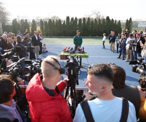 epa10483787 Serbian tennis player Novak Djokovic talks to  members of the media  in Belgrade, Serbia, 22 February 2023. Djokovic held a press conference in his home town on the plans for the rest of the tennis season and his biggest sports rivalries.  EPA/ANDREJ CUKIC