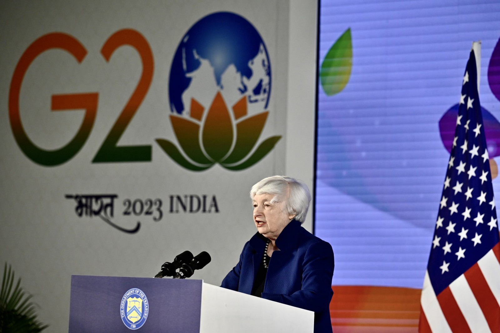 epa10485058 United States Secretary of the Treasury Janet Yellen addresses a press conference during the G20 Finance Ministers and Central Bank Governors (FMCBG) meeting in Bangalore, India, 23 February 2023. Yellen was set to discuss the resilience of the US and global economy in the face of headwinds including Russia's invasion of Ukraine and highlight key priorities for the Treasury during the G20, her office informed.  EPA/JAGADEESH NV