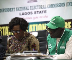 epa10494100 Electoral officers collate election results at the Independent Electoral Commission (INEC) office in Lagos, Nigeria, 27 February 2023. Tensions are high across the country as Nigerians await the results of the Presidential and national assembly elections. Nigerians cast their votes on 25 February to elect a new president, vice president and members of the Senate and House of Representatives.  EPA/Akintunde Akinleye