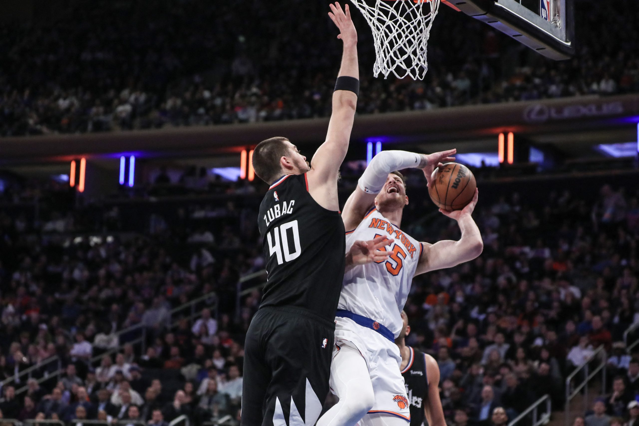 Feb 4, 2023; New York, New York, USA;  New York Knicks center Isaiah Hartenstein (55) looks to drive past LA Clippers center Ivica Zubac (40) in the second quarter at Madison Square Garden. Mandatory Credit: Wendell Cruz-USA TODAY Sports Photo: Wendell Cruz/REUTERS
