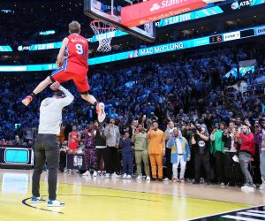 Feb 18, 2023; Salt Lake City, UT, USA; Philadelphia 76ers guard Mac McClung (9) competes in the Dunk Contest during the 2023 All Star Saturday Night at Vivint Arena. Mandatory Credit: Kyle Terada-USA TODAY Sports Photo: Kyle Terada/REUTERS