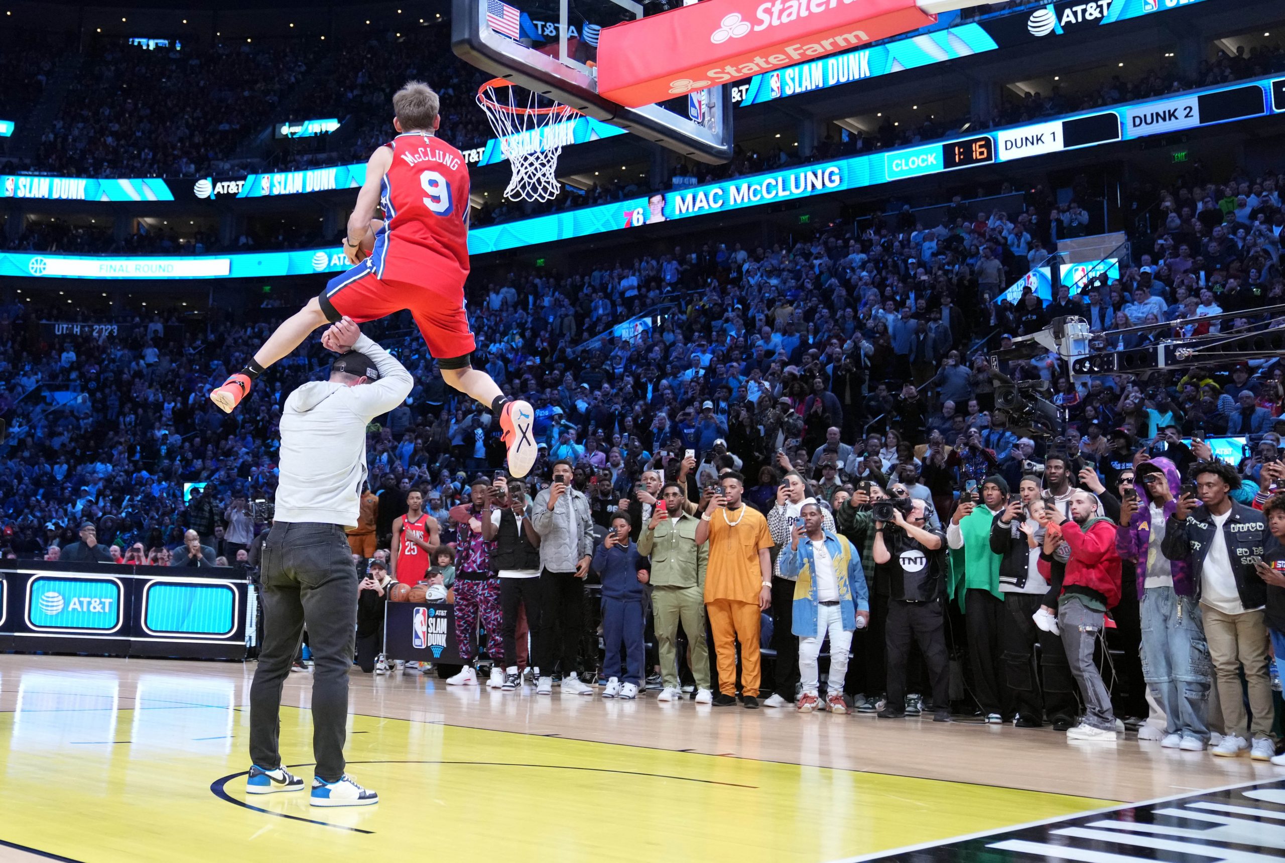 Feb 18, 2023; Salt Lake City, UT, USA; Philadelphia 76ers guard Mac McClung (9) competes in the Dunk Contest during the 2023 All Star Saturday Night at Vivint Arena. Mandatory Credit: Kyle Terada-USA TODAY Sports Photo: Kyle Terada/REUTERS