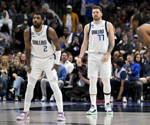 Feb 23, 2023; Dallas, Texas, USA; Dallas Mavericks guard Kyrie Irving (2) prepares guard Luka Doncic (77) prepare to face the San Antonio Spurs at the American Airlines Center. Mandatory Credit: Jerome Miron-USA TODAY Sports Photo: Jerome Miron/REUTERS