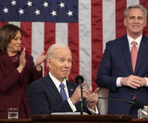 epa10453689 US President Joe Biden gestures as he delivers the State of the Union address to a joint session of Congress at the US Capitol, in Washington, DC, USA, 07 February 2023.  EPA/Jacquelyn Martin / POOL