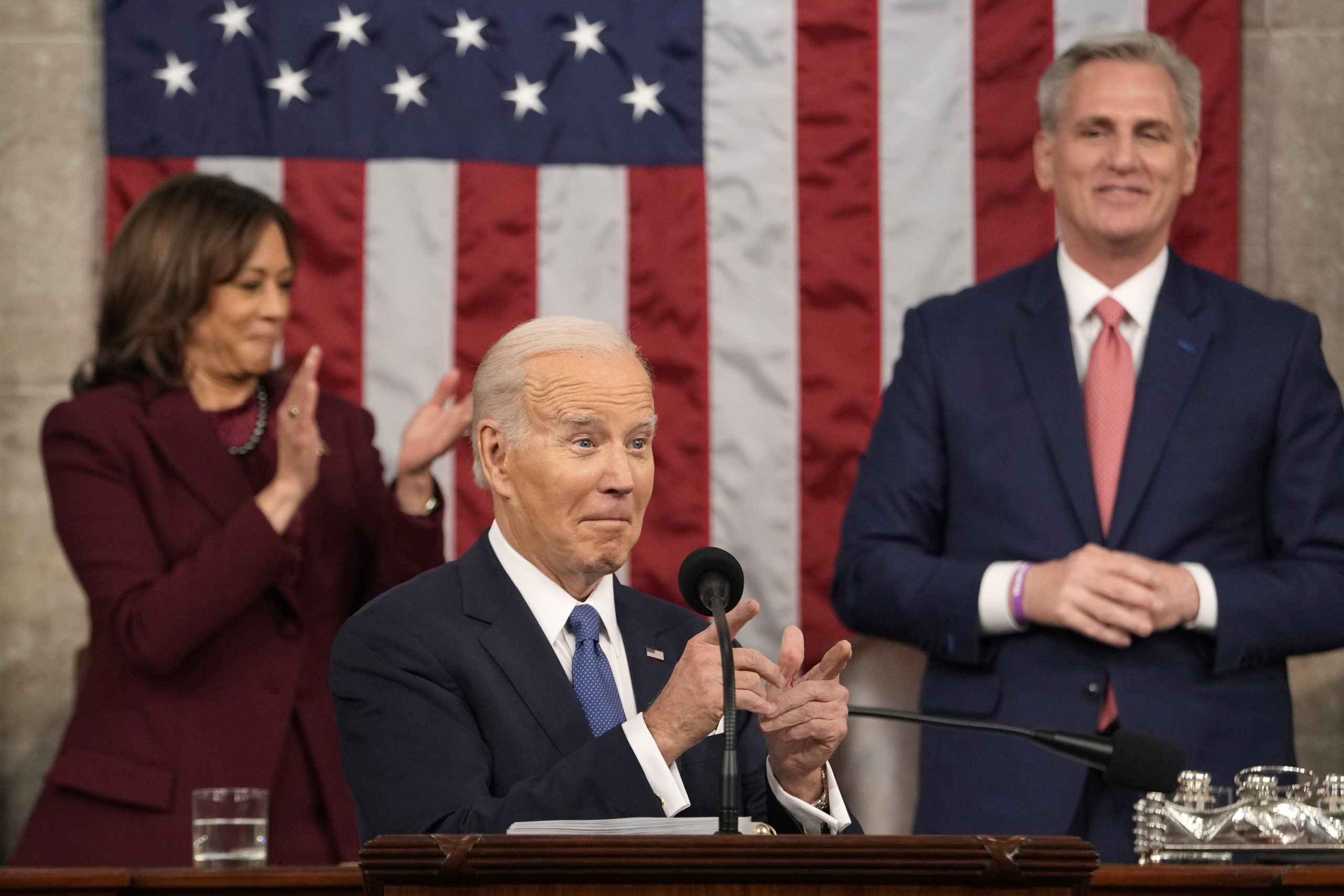 epa10453689 US President Joe Biden gestures as he delivers the State of the Union address to a joint session of Congress at the US Capitol, in Washington, DC, USA, 07 February 2023.  EPA/Jacquelyn Martin / POOL