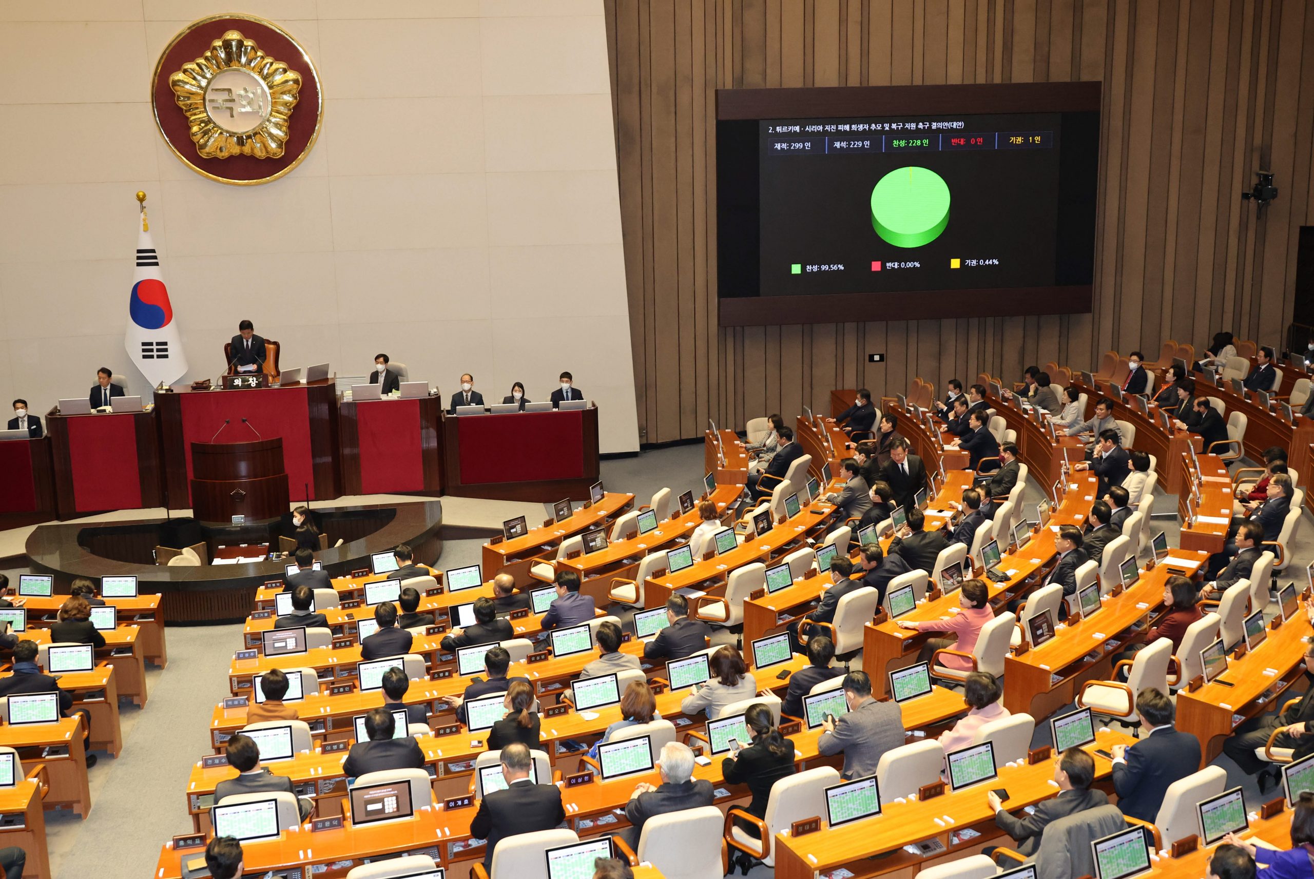 epa10465953 The National Assembly passes a resolution to mourn quake victims in Turkey and Syria and urge the government to assist their restoration during its plenary session in Seoul, South Korea, on 14 February 2023.  EPA/YONHAP SOUTH KOREA OUT