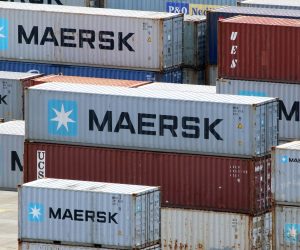 epa06154277 (FILE) - Containers of Maersk shipping line at the Jade Weser Port in Wilhelmshaven, northern Germany, 02 July 2017. The Jade Weser Port is the only deepwater port in Germany. Reports on 21 August 2017 state Maersk having confirmed that A.P. Moeller Maersk A/S has agreed to sell their Maersk Olie oil operations to Total S.A. in a deal valued at 7.45 billion USD. bAccording to Maersk press release, 'Total will take over Maersk Oil's entire organisation, portfolio, obligations and rights with minimal pre-conditions.'  EPA/FOCKE STRANGMANN