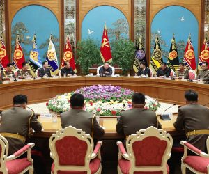 epa10451776 A photo released by the official North Korean Central News Agency (KCNA) shows North Korean leader Kim Jong-un (C) speaking during an enlarged meeting of the Central Military Commission of the Workers' Party of Korea at the office of the party's Central Committee in Pyongyang, North Korea, 06 February 2023 (issued 07 February 2023). According to KCNA, the meeting 'discussed in depth major military and political tasks for 2023' and the 'long-term issues concerning the orientation for army building'.  EPA/KCNA   EDITORIAL USE ONLY