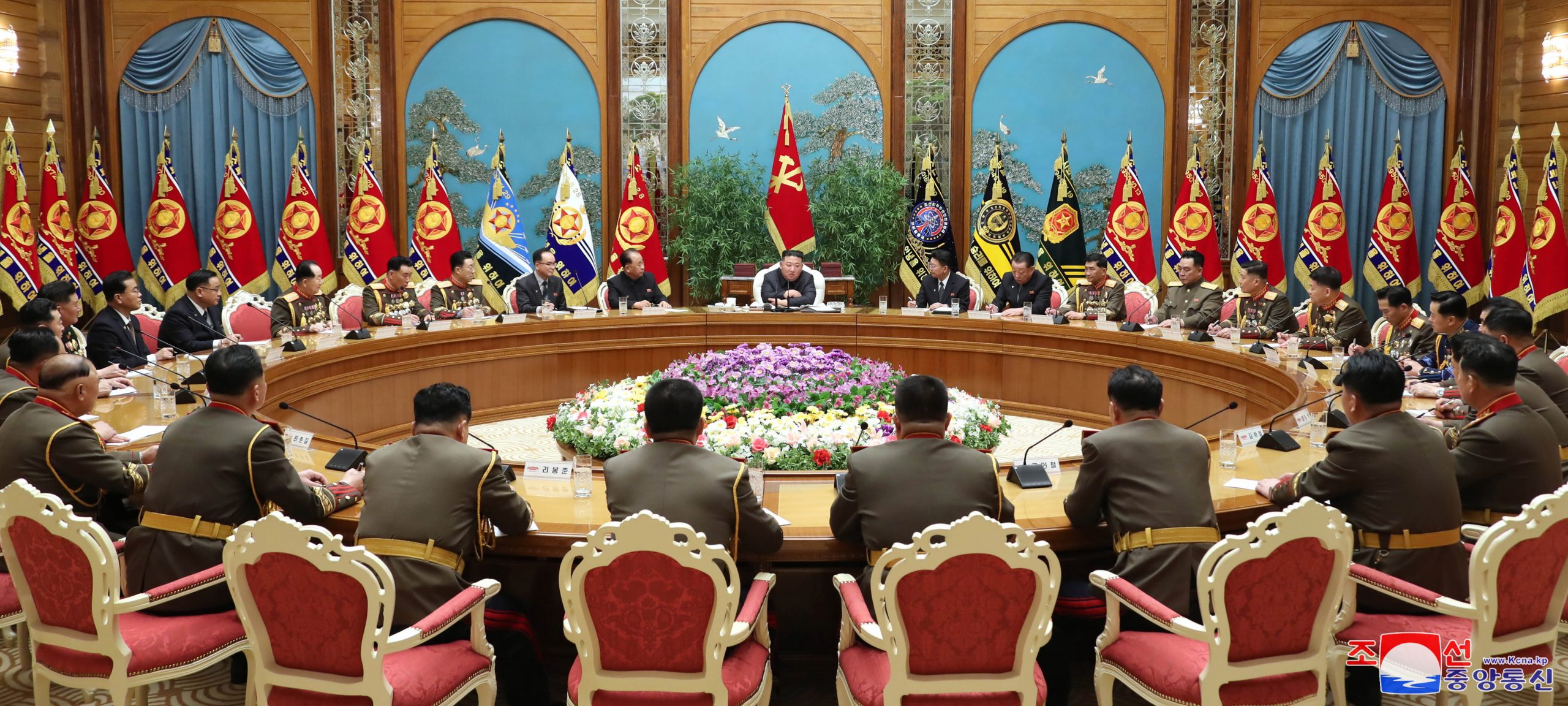 epa10451776 A photo released by the official North Korean Central News Agency (KCNA) shows North Korean leader Kim Jong-un (C) speaking during an enlarged meeting of the Central Military Commission of the Workers' Party of Korea at the office of the party's Central Committee in Pyongyang, North Korea, 06 February 2023 (issued 07 February 2023). According to KCNA, the meeting 'discussed in depth major military and political tasks for 2023' and the 'long-term issues concerning the orientation for army building'.  EPA/KCNA   EDITORIAL USE ONLY