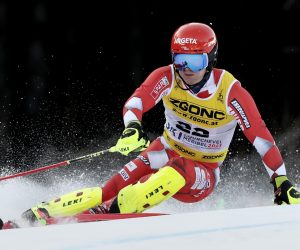 epa10476826 Filip Zubcic of Croatia in action during the 1st run in the Men's Slalom event at the FIS Alpine Skiing World Championships in Courchevel, France, 19 February 2023.  EPA/GUILLAUME HORCAJUELO