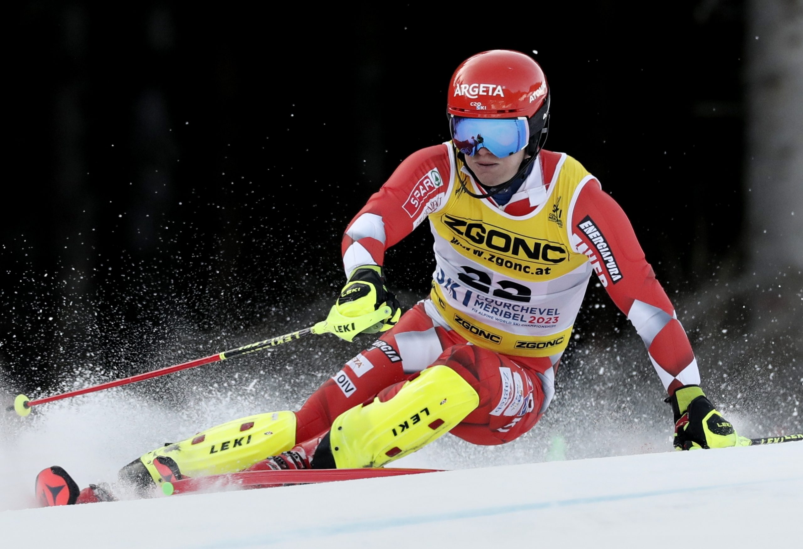 epa10476826 Filip Zubcic of Croatia in action during the 1st run in the Men's Slalom event at the FIS Alpine Skiing World Championships in Courchevel, France, 19 February 2023.  EPA/GUILLAUME HORCAJUELO