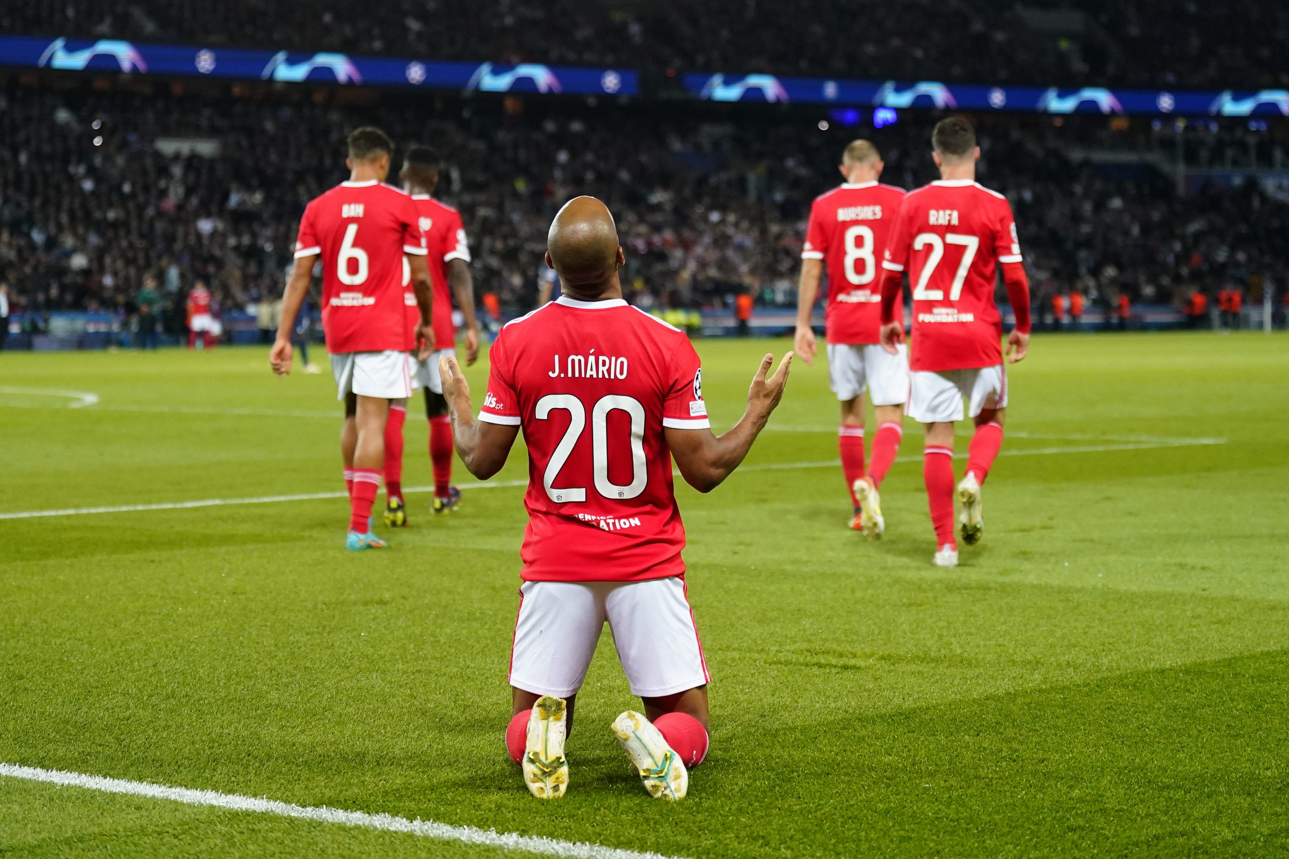 PARIS, FRANCE - OCTOBER 11: Joao Mario (20) reacts after scoring a goal (penalty) during the Champions League match between Paris Saint-Germain (PSG) and SL Benfica on October 11, 2022, at Parc des Princes Stadium in Paris, France. (Photo by Glenn Gervot/Icon Sportswire)(Photo by Glenn Gervot/Icon Sportswire) (Icon Sportswire via AP Images)