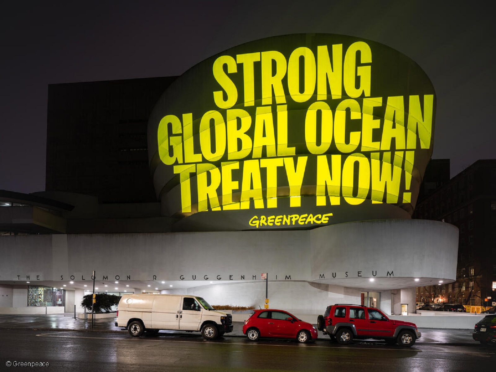 Greenpeace USA activists project a message reading: “Strong Global Ocean Treaty Now!” onto the iconic Guggenheim Museum  to send a clear message to delegates at the United Nations in New York during the second week of the resumed IGC5 negotiations.

Without a strong Treaty being agreed at this round of talks, it will be practically impossible to protect 30% of the world’s oceans by 2030. This is the minimum scientists say is necessary to allow the oceans to recover from decades of pollution, overfishing, and other industrial activities.