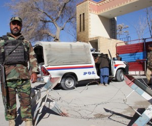 epa10452199 Pakistani security officials frisk motorists at a checkpoint in Quetta, Pakistan 07 February 2023. Security intensified after at least five people were injured in an explosion near the Quetta Police Lines area on 05 February 2023.  EPA/FAYYAZ AHMAD