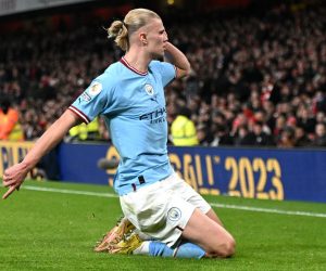 epa10469260 Erling Haaland of Manchester City celebrates after scoring his team's third goal during the English Premier League soccer match between Arsenal London and Manchester City in London, Britain, 15 February 2023.  EPA/Daniel Hambury EDITORIAL USE ONLY. No use with unauthorized audio, video, data, fixture lists, club/league logos or 'live' services. Online in-match use limited to 120 images, no video emulation. No use in betting, games or single club/league/player publications