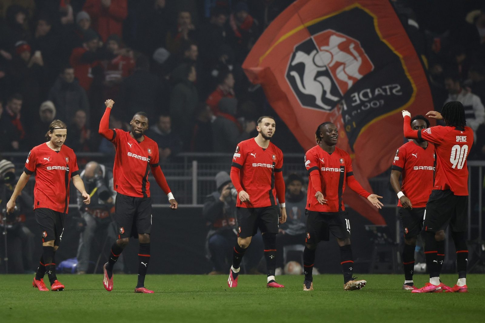epa10486682 Rennes's Toko Ekambi Karl (2-L) celebrates scoring the 1-0 lead during the UEFA Europa League play-off, second leg soccer match between Rennes FC and Shakhtar Donetsk at the Roazhon Park Stadium in Rennes, France, 23 February 2023.  EPA/YOAN VALAT
