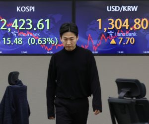 epa10487321 An electronic signboard in the dealing room of Hana Bank shows the benchmark Korea Composite Stock Price Index having fallen 15.48 points, or 0.63 percent, to close at 2,423.61, Seoul, South Korea 24 February 2023. South Korean stocks ended lower on losses in big-cap tech shares amid caution over the United States' monetary policy path amid high inflation.  