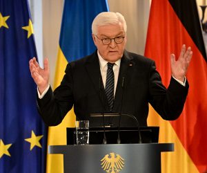 epa10487561 German President Frank-Walter Steinmeier speaks during a commemorative event marking the first anniversary of the Russian invasion of Ukraine, at Bellevue palace in Berlin, Germany, 24 February 2023. Russian troops entered Ukrainian territory on 24 February 2022, starting a conflict that has provoked destruction and a humanitarian crisis. One year on, fighting continues in many parts of the country.  EPA/FILIP SINGER