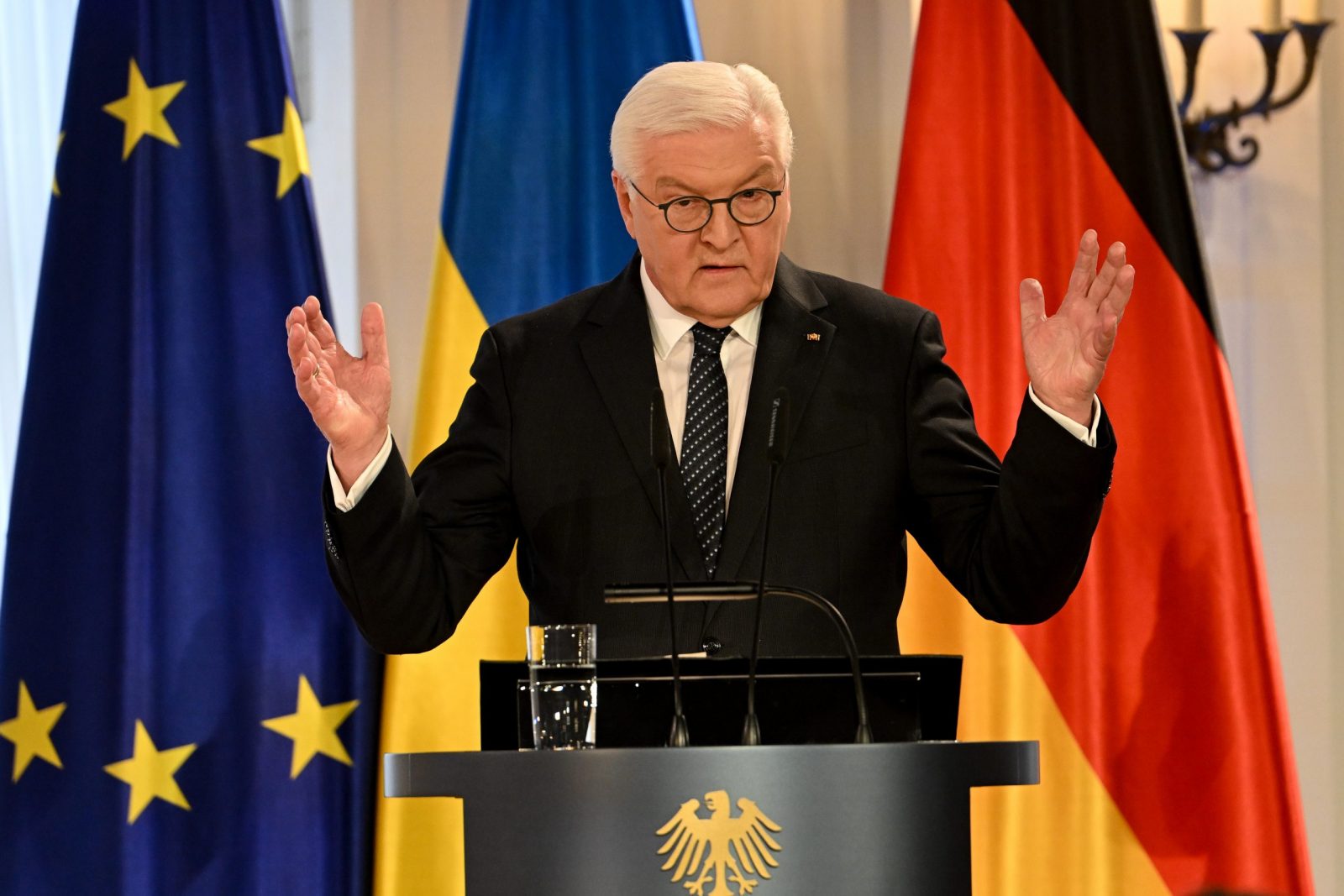 epa10487561 German President Frank-Walter Steinmeier speaks during a commemorative event marking the first anniversary of the Russian invasion of Ukraine, at Bellevue palace in Berlin, Germany, 24 February 2023. Russian troops entered Ukrainian territory on 24 February 2022, starting a conflict that has provoked destruction and a humanitarian crisis. One year on, fighting continues in many parts of the country.  EPA/FILIP SINGER