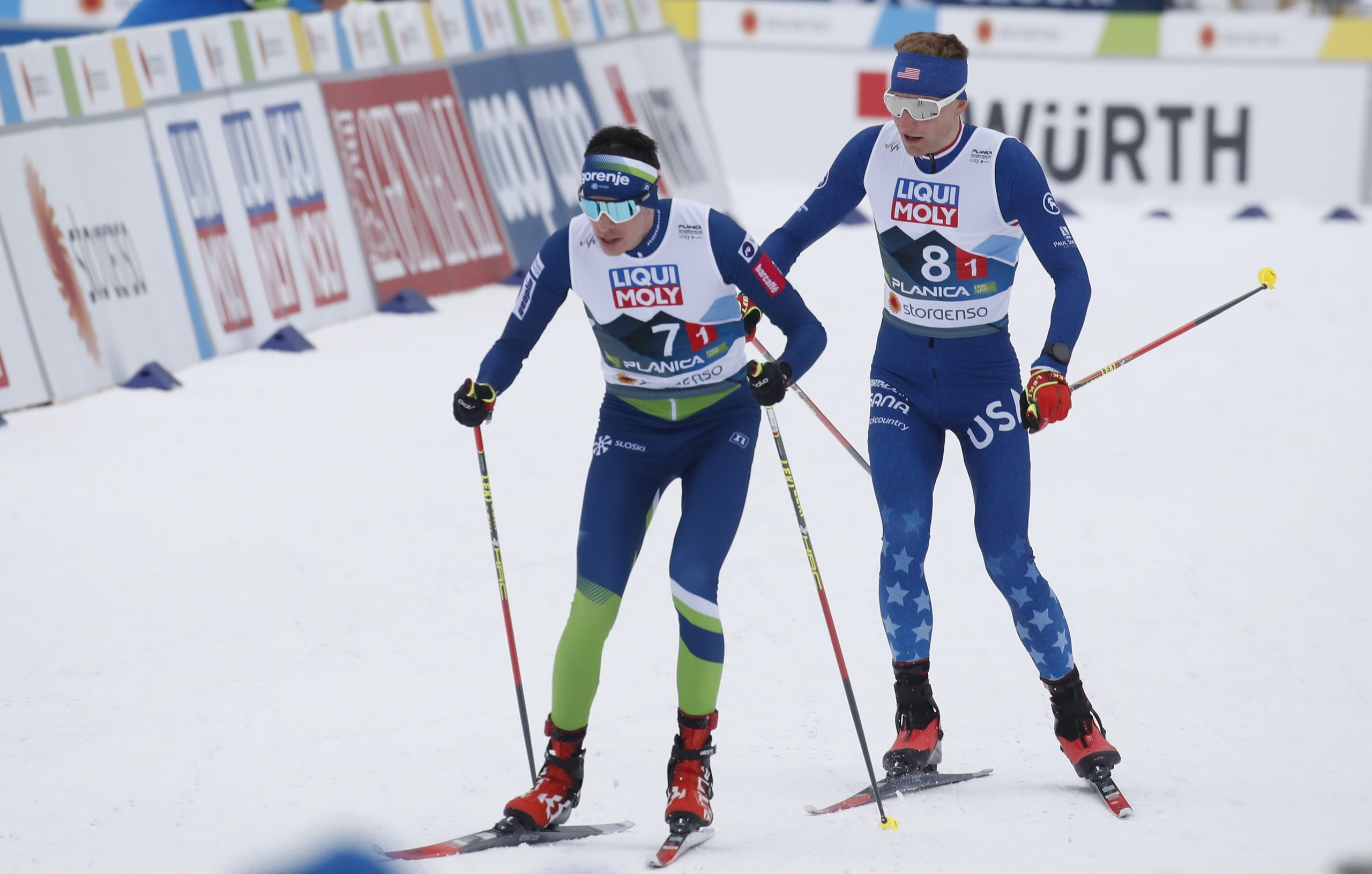 epa10492297 Ida Marie Hagen (C) of Norway and Jenny Nowak of Germany (R)  in action during the Nordic Combined Mixed Team Gundersen Normal Hill competition round at the FIS Nordic Skiing World Championships in Planica, Slovenia, 26 February 2023.  EPA/ANTONIO BAT